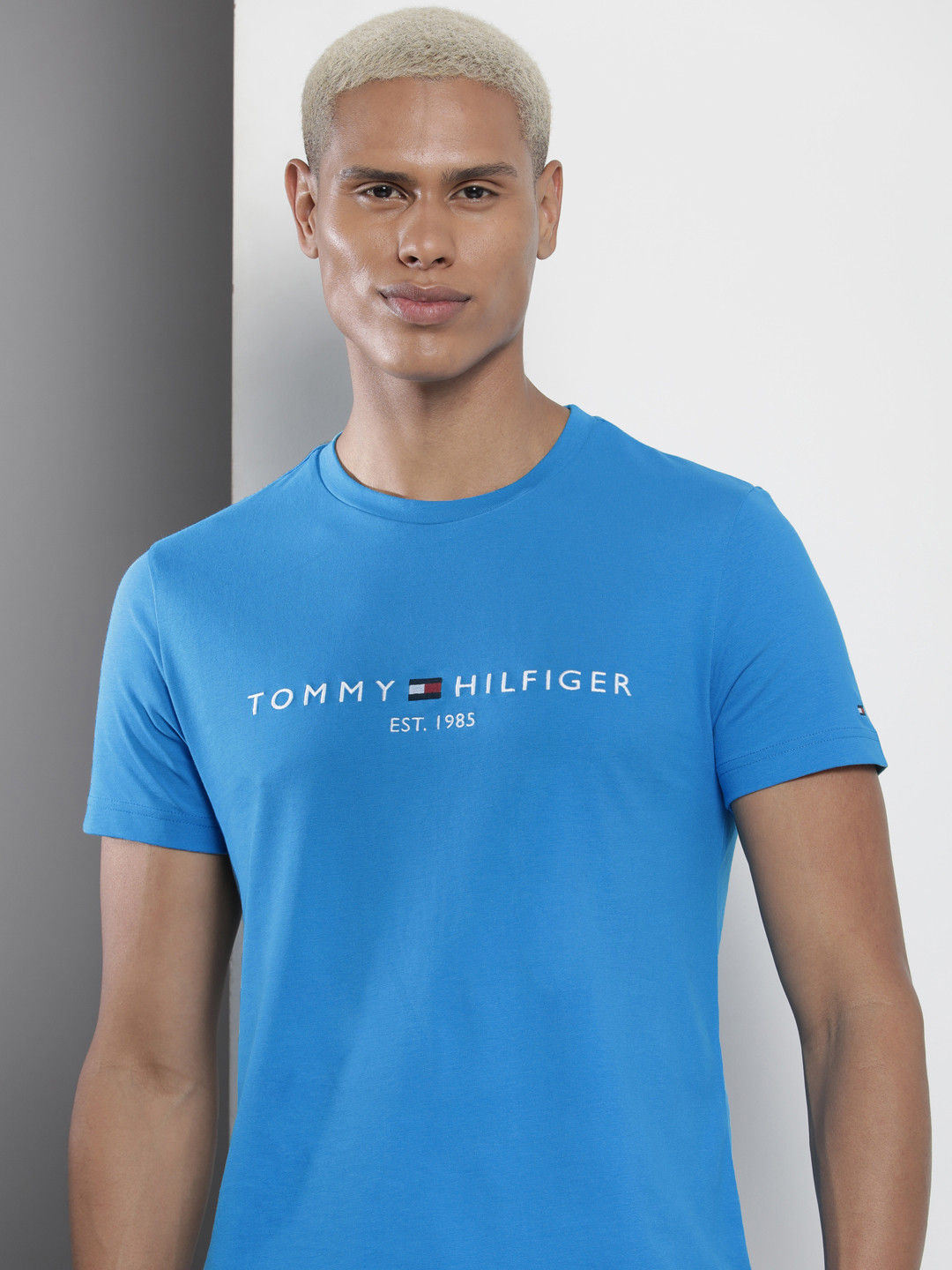 

Tommy Hilfiger Men Embroidered Brand Logo Slim Fit Pure Cotton T-shirt, Blue