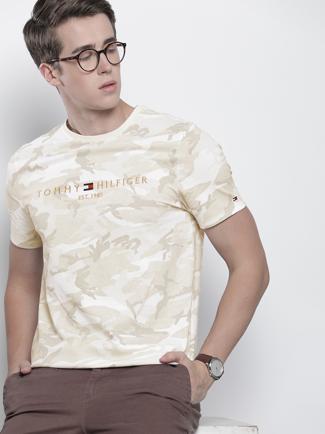 

Tommy Hilfiger Camouflage Printed Pure Cotton T-shirt, Beige