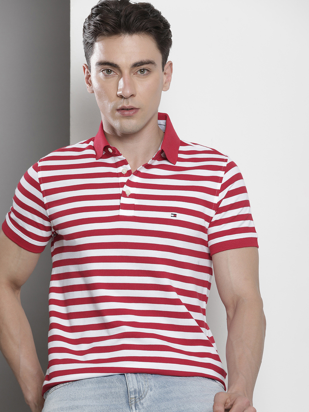 

Tommy Hilfiger Men Striped Polo Collar Slim Fit T-shirt, Red