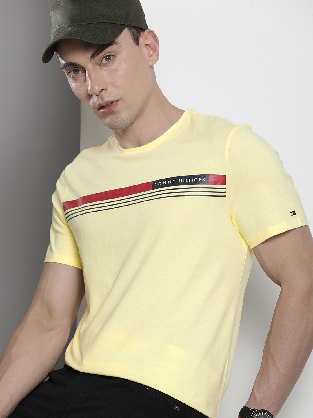

Tommy Hilfiger Men Pure Cotton Striped T-shirt, Yellow