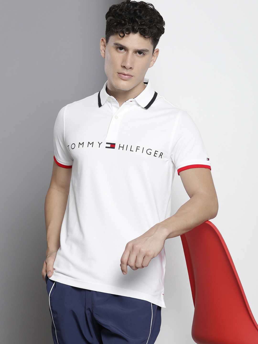 

Tommy Hilfiger Men Brand Logo Printed Polo Collar Slim Fit Casual T-shirt, White