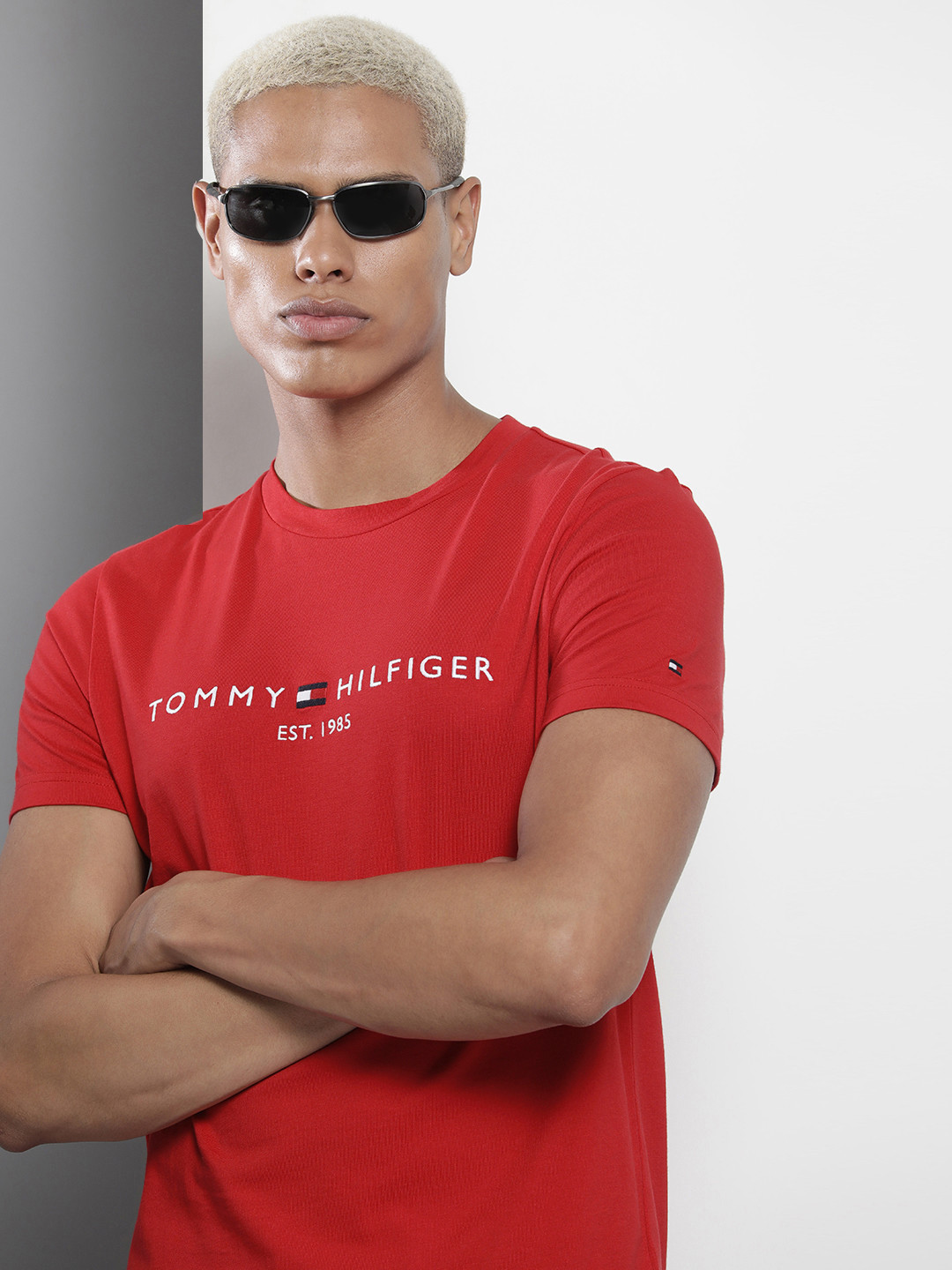 

Tommy Hilfiger Men Pure Cotton Brand Logo Printed Slim Fit T-shirt, Red
