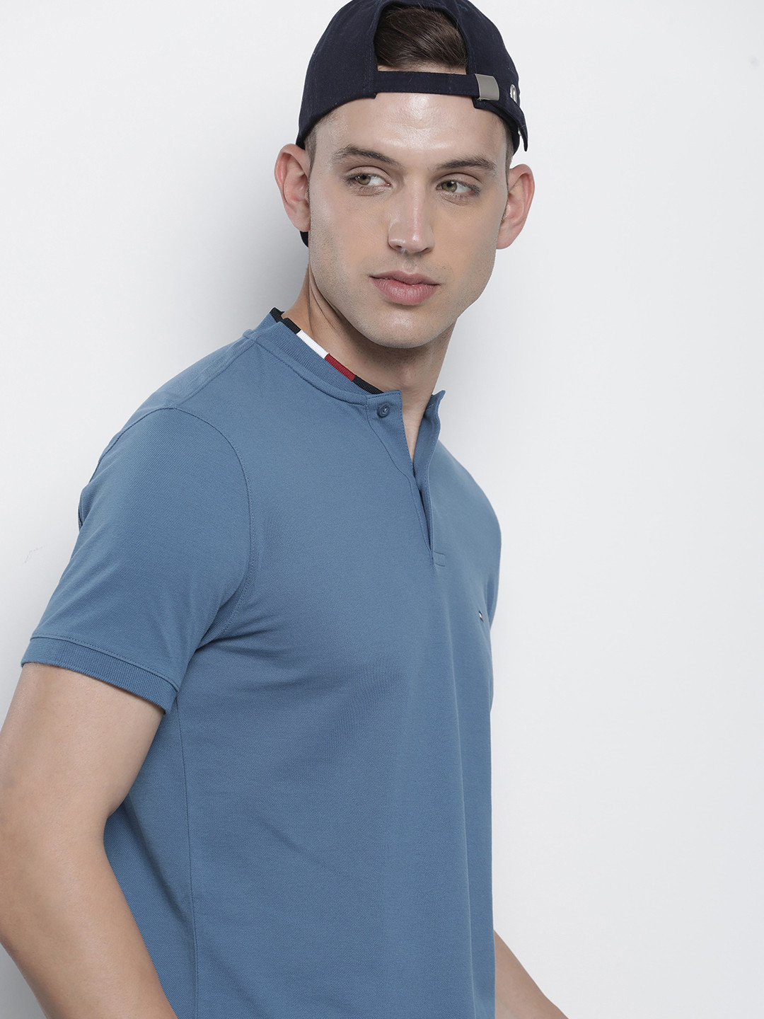 

Tommy Hilfiger Men Pure Cotton Mandarin Collar Slim Fit T-shirt, Blue