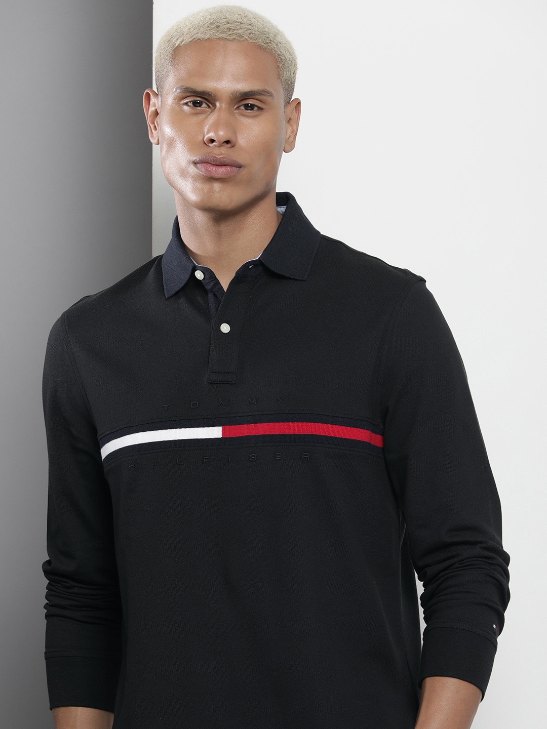 

Tommy Hilfiger Men Striped & Brand Logo Embroidered Striped Polo Collar T-shirt, Black