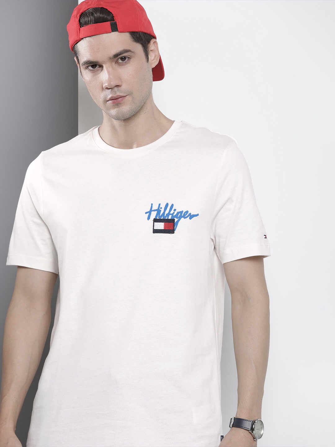 

Tommy Hilfiger Brand Logo Embroidered Pure Cotton T-shirt, Cream