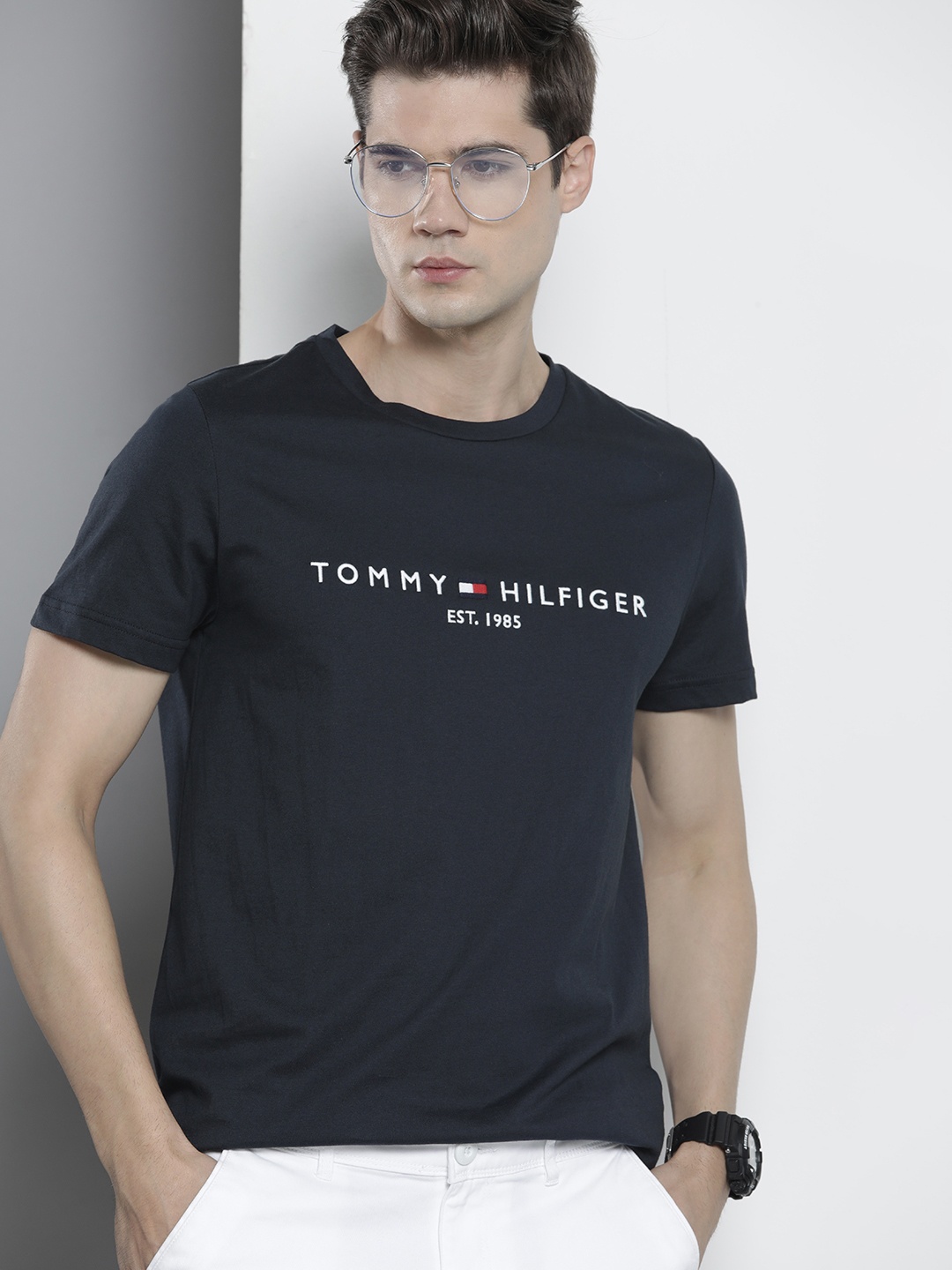 

Tommy Hilfiger Brand Logo Embroidered Pure Cotton Slim Fit T-shirt, Navy blue