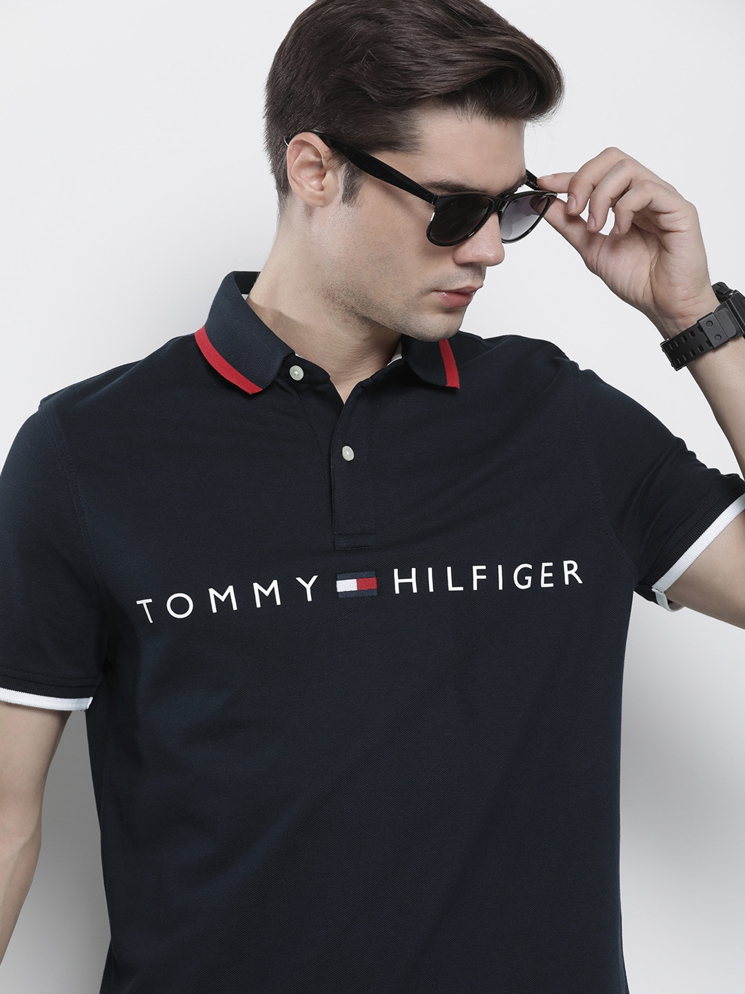 

Tommy Hilfiger Typography Printed Polo Collar Pure Cotton T-shirt, Navy blue