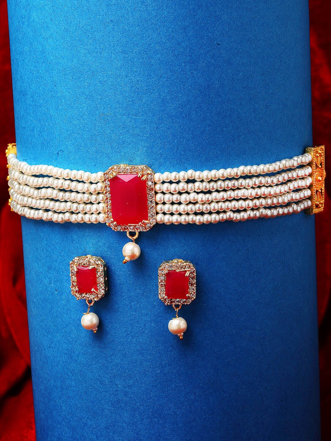 

Kennice Gold-Plated AD Stone-Studded & Beaded Choker Jewellery Set