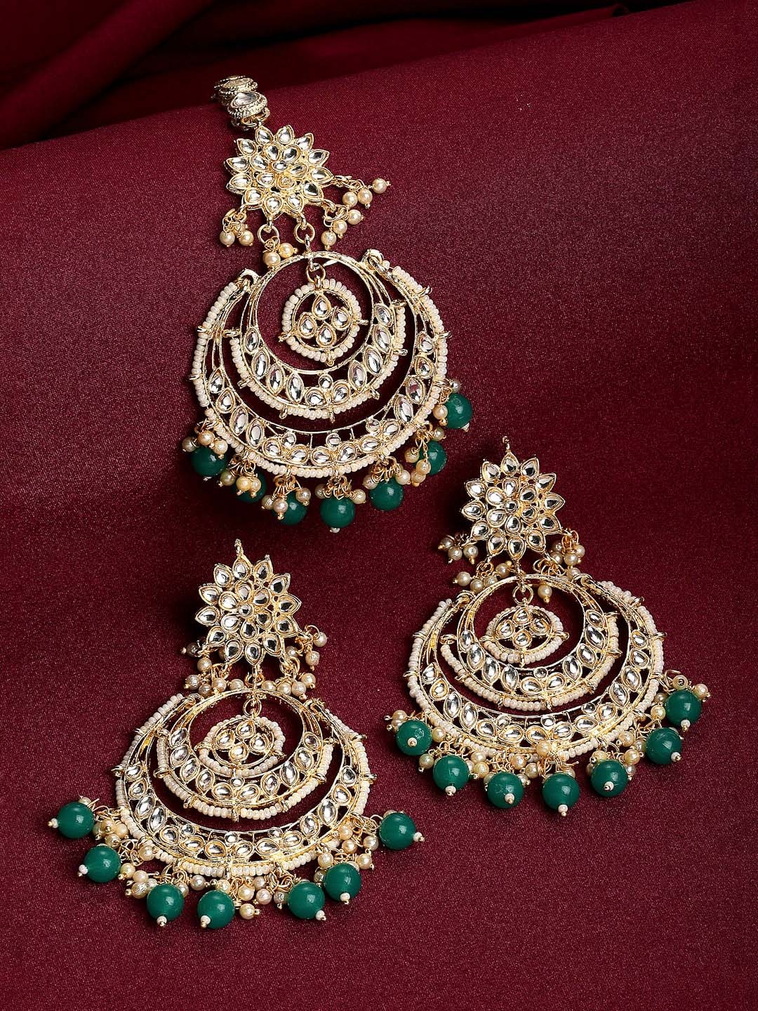 

Kennice Gold-Plated Stone Studded & Beaded Maang Tika & Earings, Green