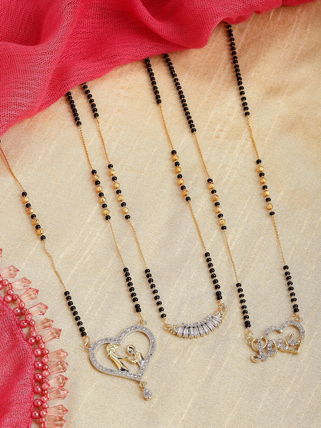

Kennice Set Of 3 Gold-Plated Stone-Studded & Beaded Mangalsutra, Black