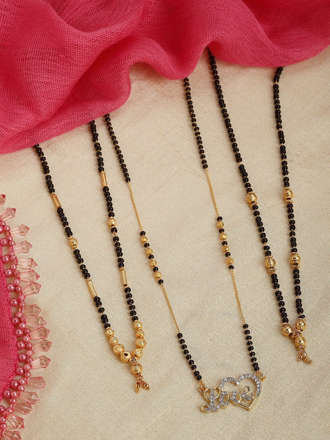 

Kennice Set Of 3 Gold-Plated Stone-Studded & Beaded Mangalsutra, Black