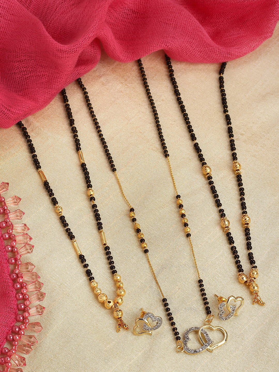 

Kennice Set Of 3 Gold-Plated Stone-Studded & Beaded Mangalsutra with Earrings, Black