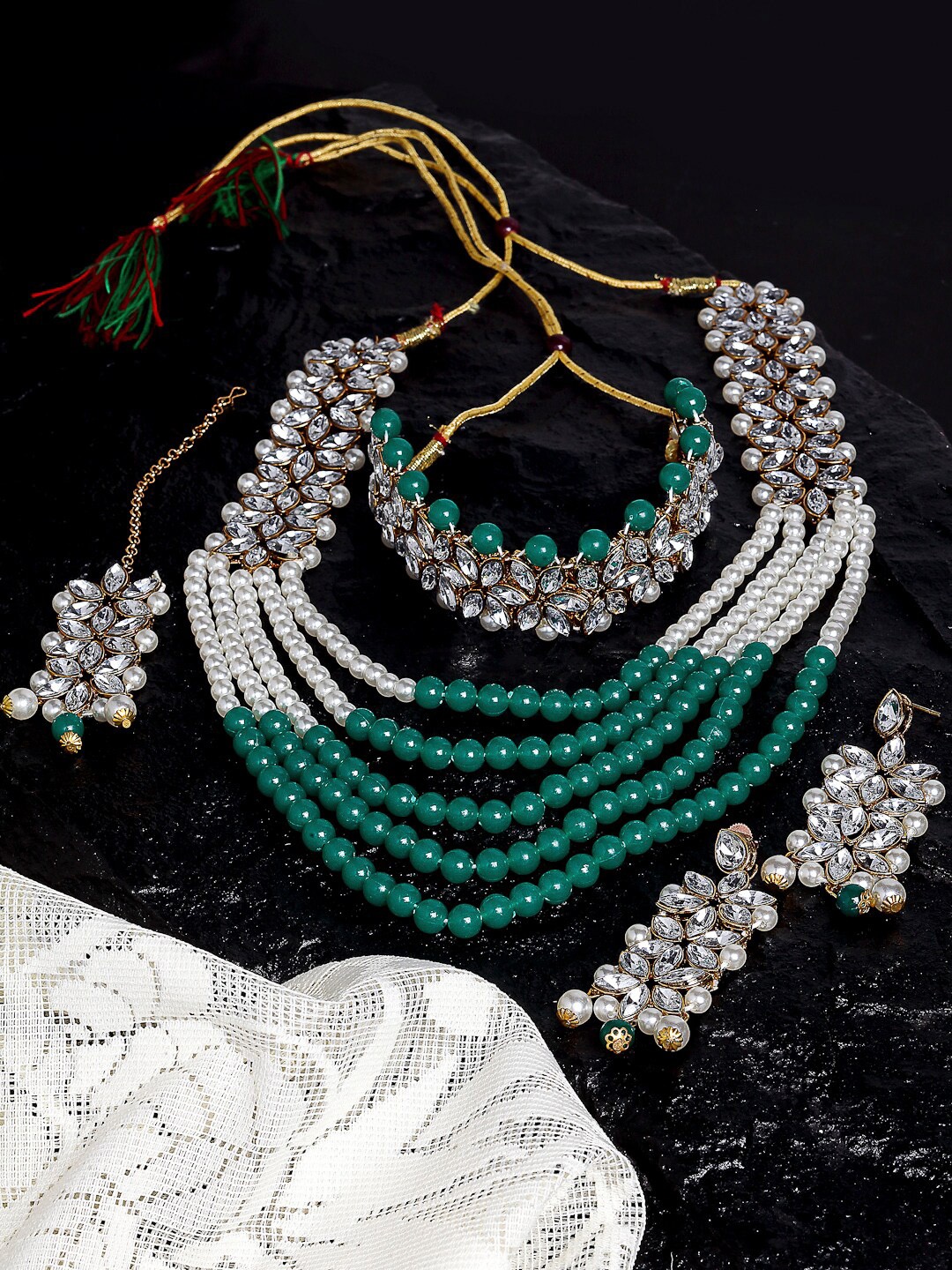 

Kennice Gold-Plated Kundan-studded & Pearl beaded Jewellery Set