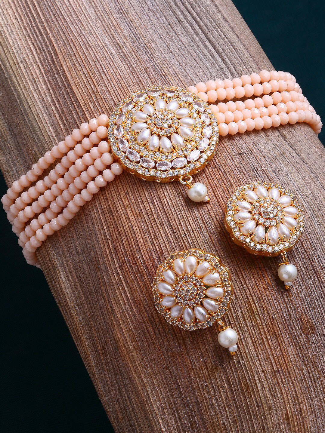 

Kennice Gold-Plated Studded & Beaded Layered Jewellery Set, Peach