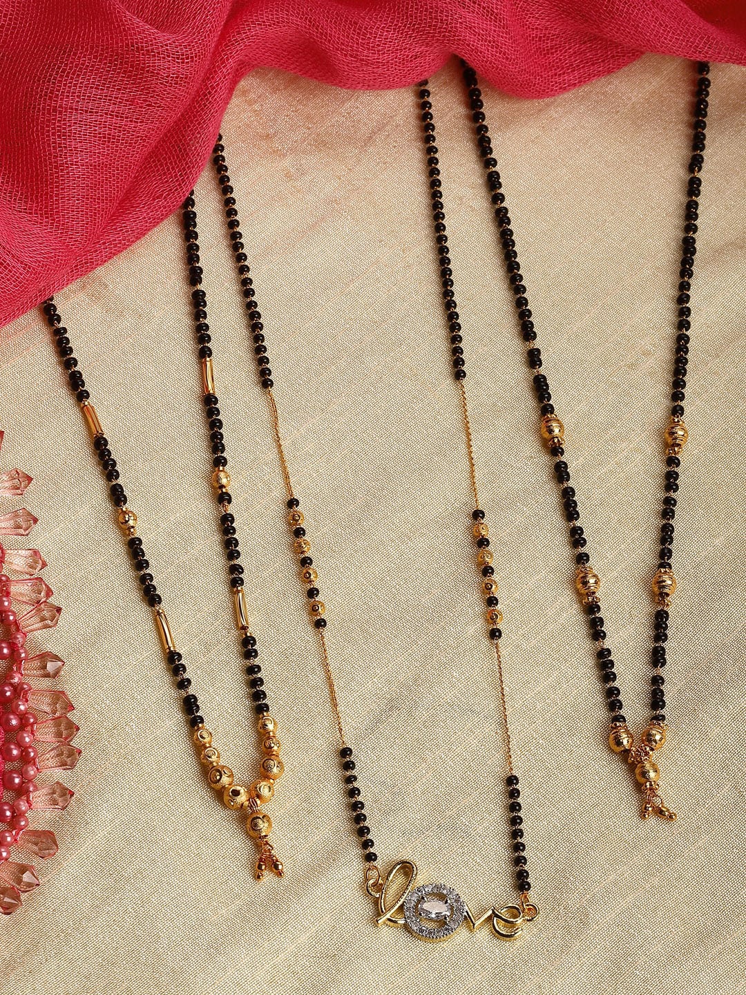 

Kennice Set Of 3 Gold-Plated American Diamond -Studded & Beaded Mangalsutra, Black