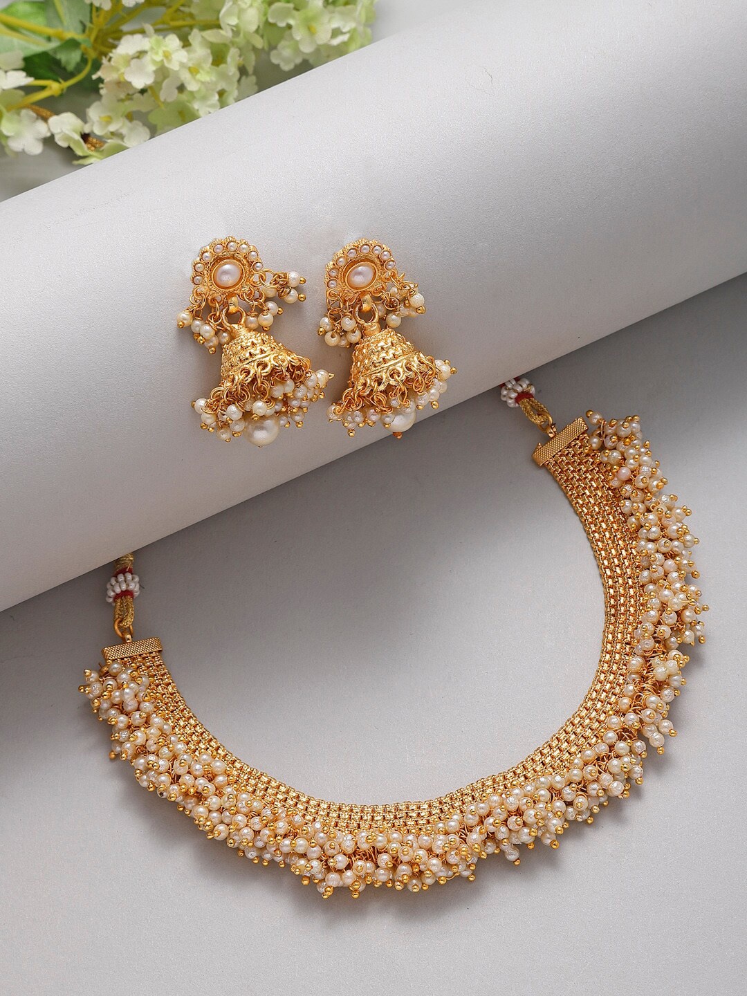 

Kennice Gold-Plated Stone Studded & Pearl Beaded Jewellery Set