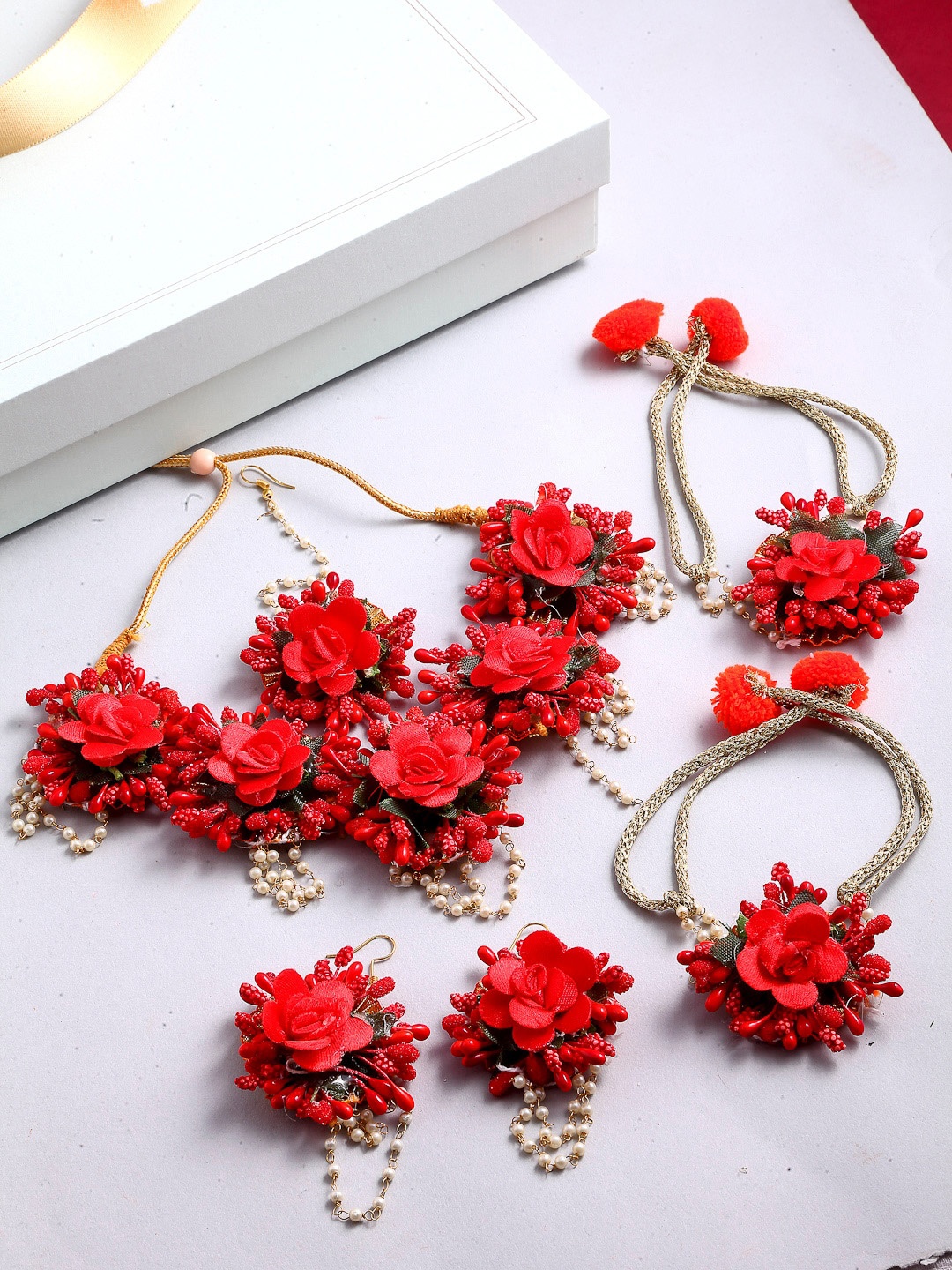 

Kennice Gold-Plated Pearl Flower Beaded Jewellery Set, Red