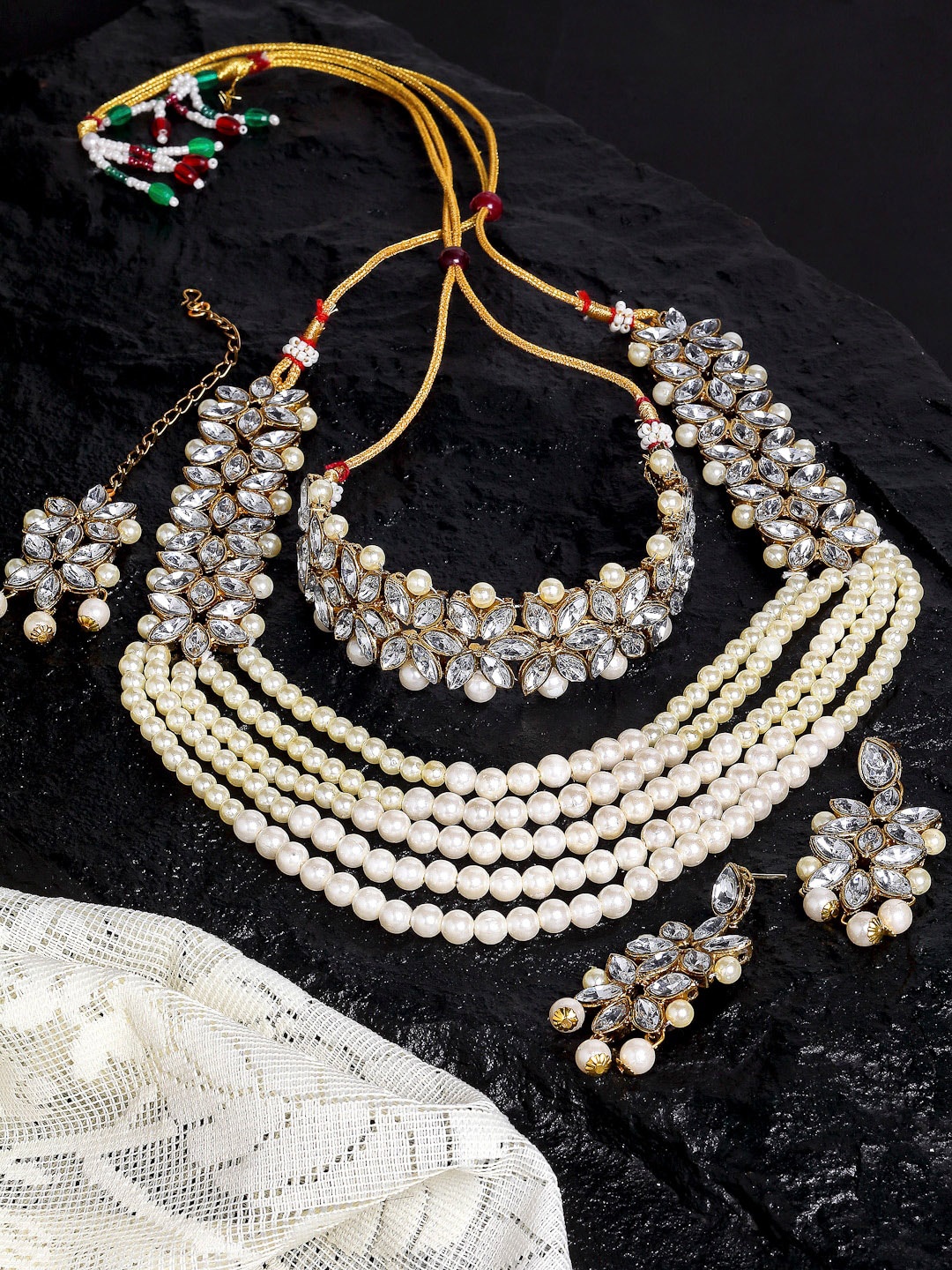 

Kennice Gold-Plated Kundan-Studded Pearl Beaded Jewellery Set