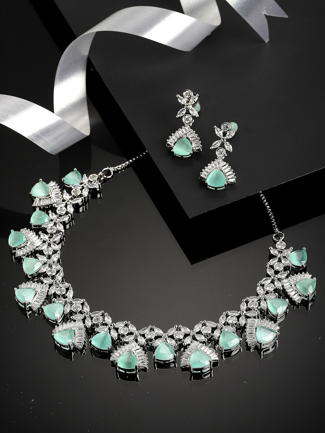 

Kennice Rhodium-Plated AD Studded Brass Jewellery Set, Sea green