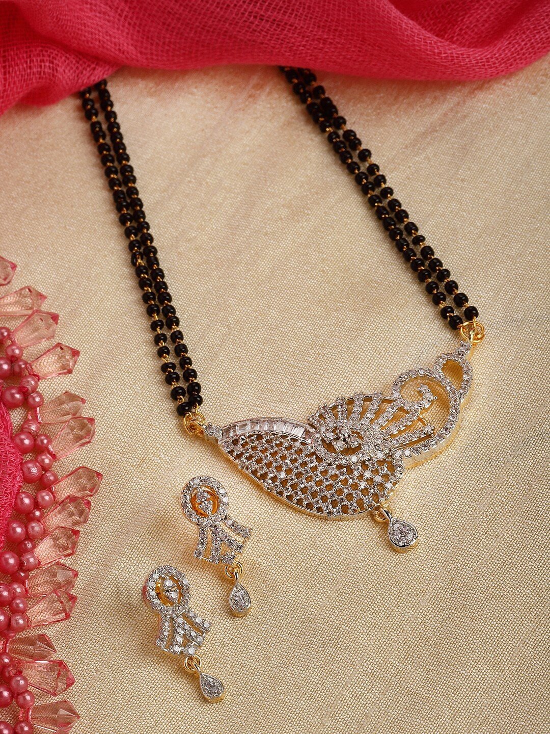 

Kennice Gold-Plated AD-Studded & Beaded Mangalsutra Set