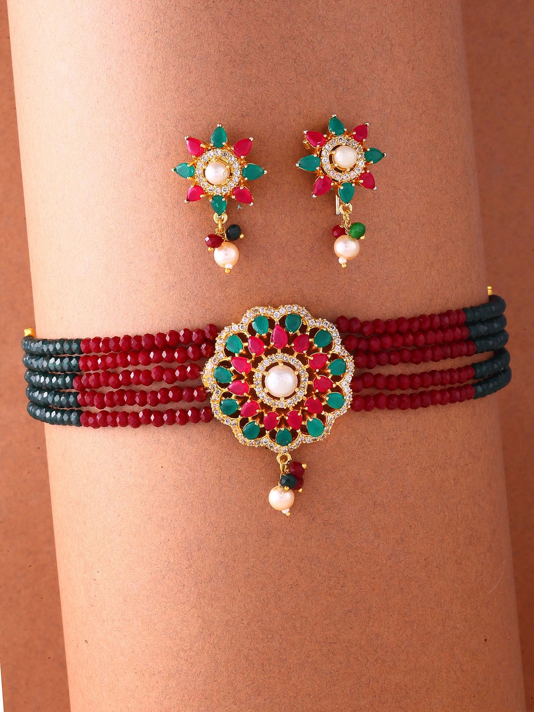 

Kennice AD Studded & Beaded Brass Jewellery Set, Red