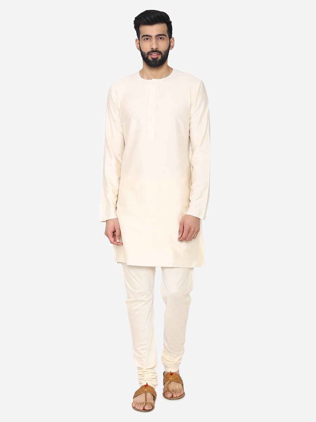 

Manyavar Men Cream-Coloured Solid Straight Kurta