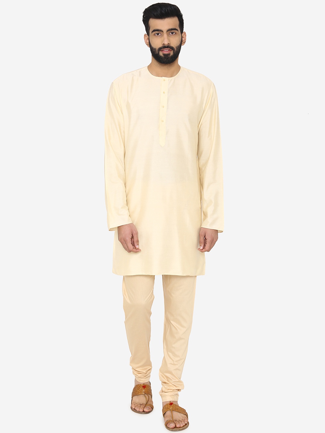 

Manyavar Men Cream-Coloured Solid Straight Kurta