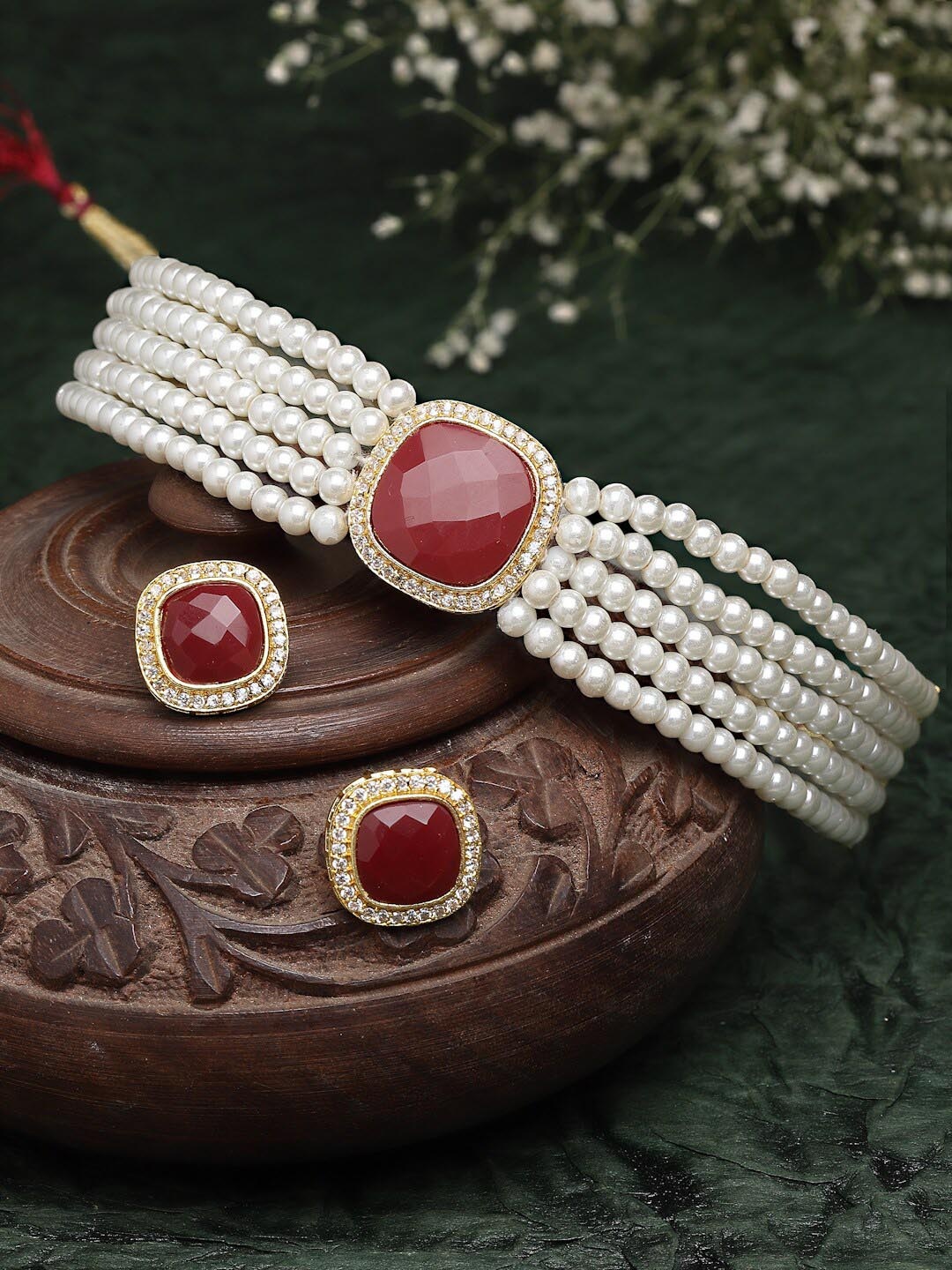 

Kennice Gold-Plated Pearl & Stone-Studded Jewellery Set, Red