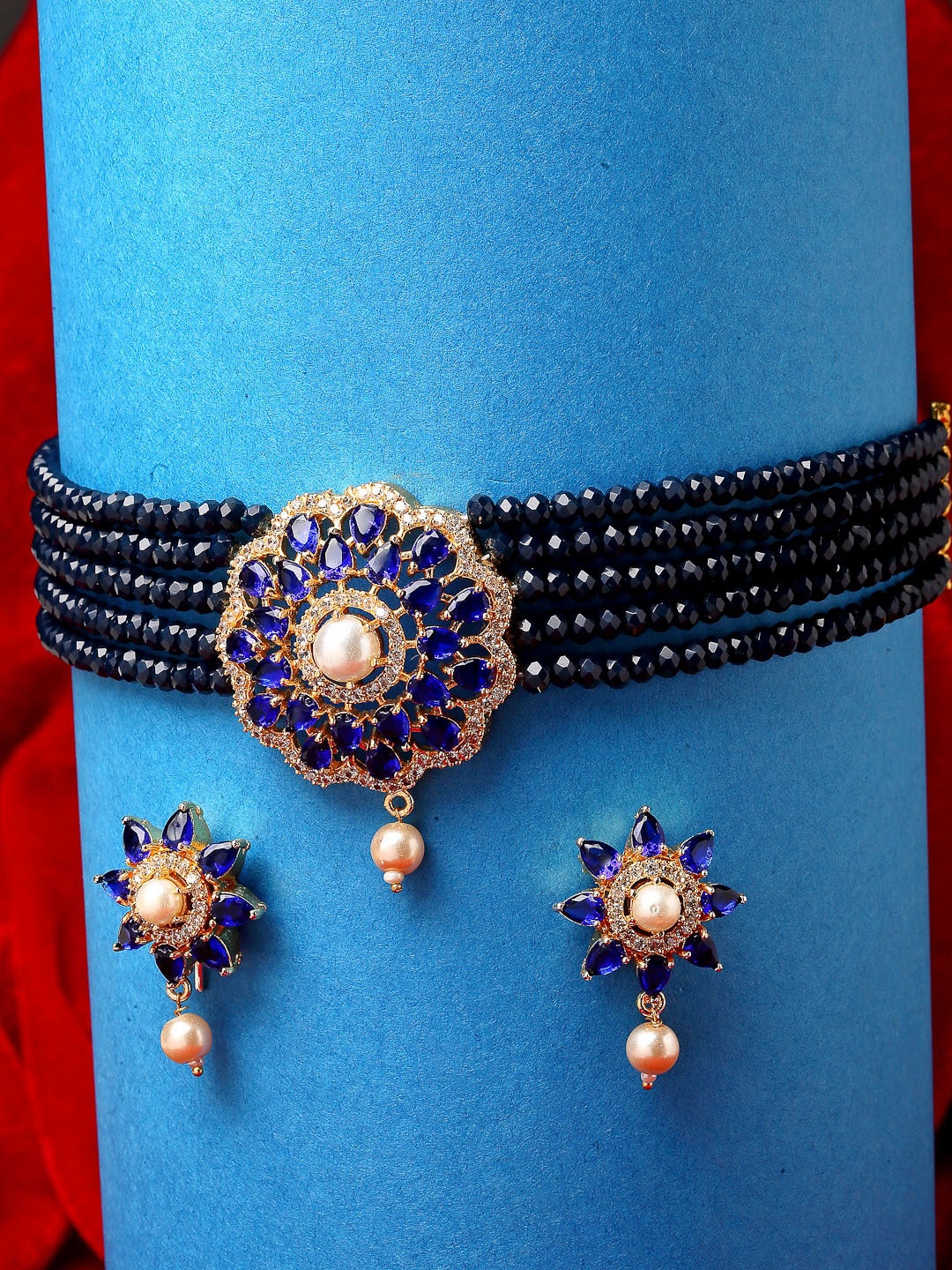 

Kennice Gold-Plated AD Studded & Beaded Jewellery Set, Blue
