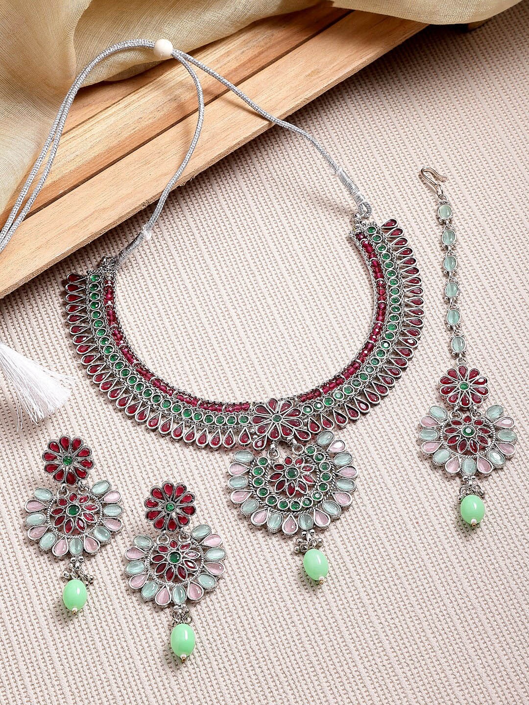 

Kennice Silver-Plated Kundan Studded Jewellery Set With Maang Tika