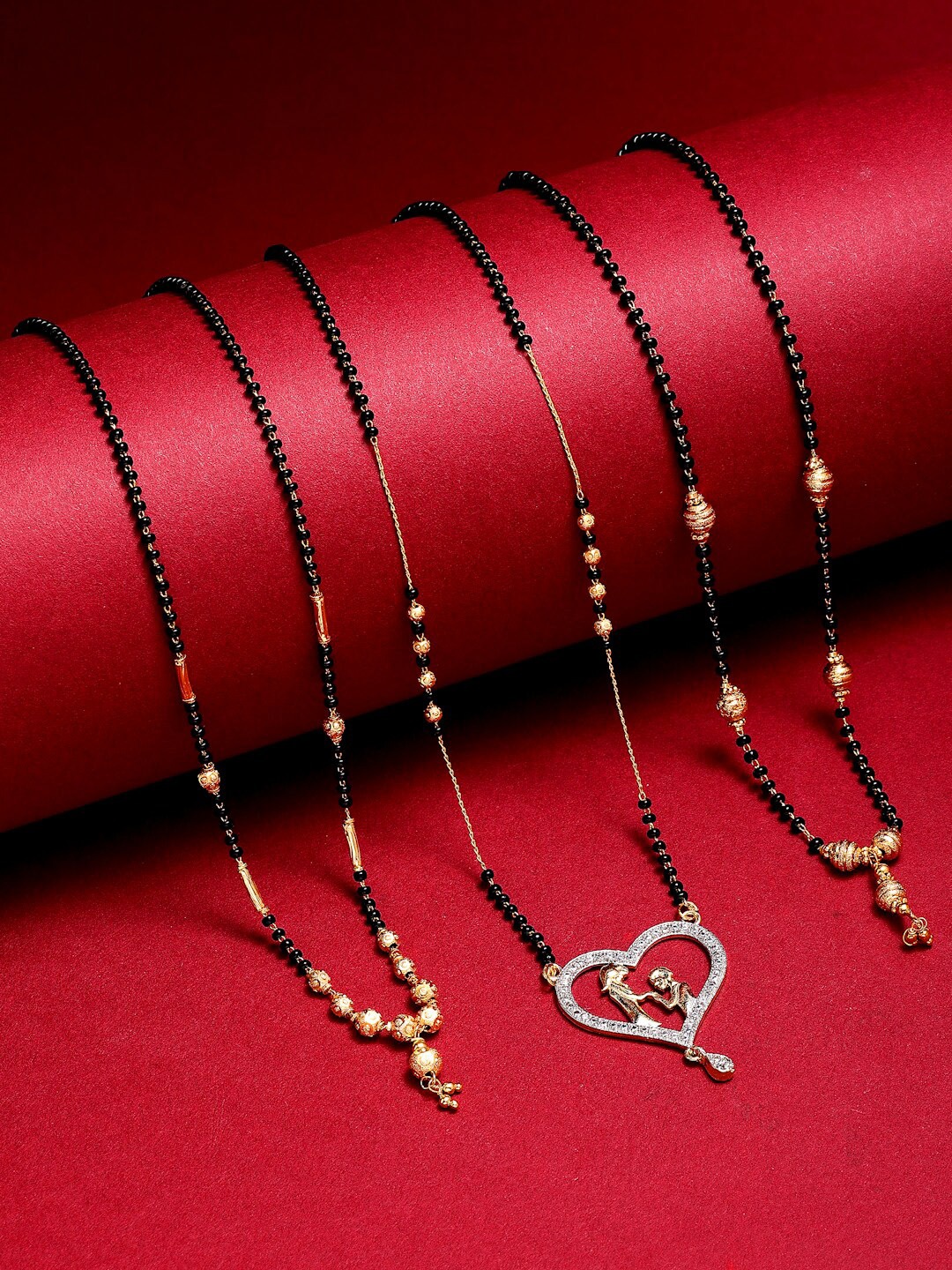 

Kennice Set Of 3 Gold-Plated Stone-Studded & Beaded Mangalsutra