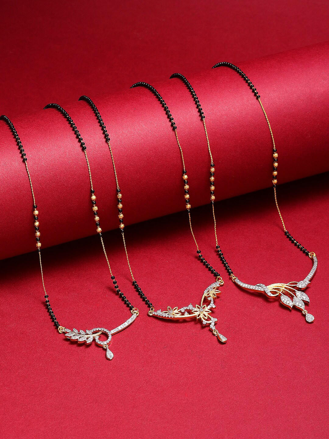 

Kennice Set Of 3 Gold-Plated Stone Studded & Beaded Mangalsutra, Black
