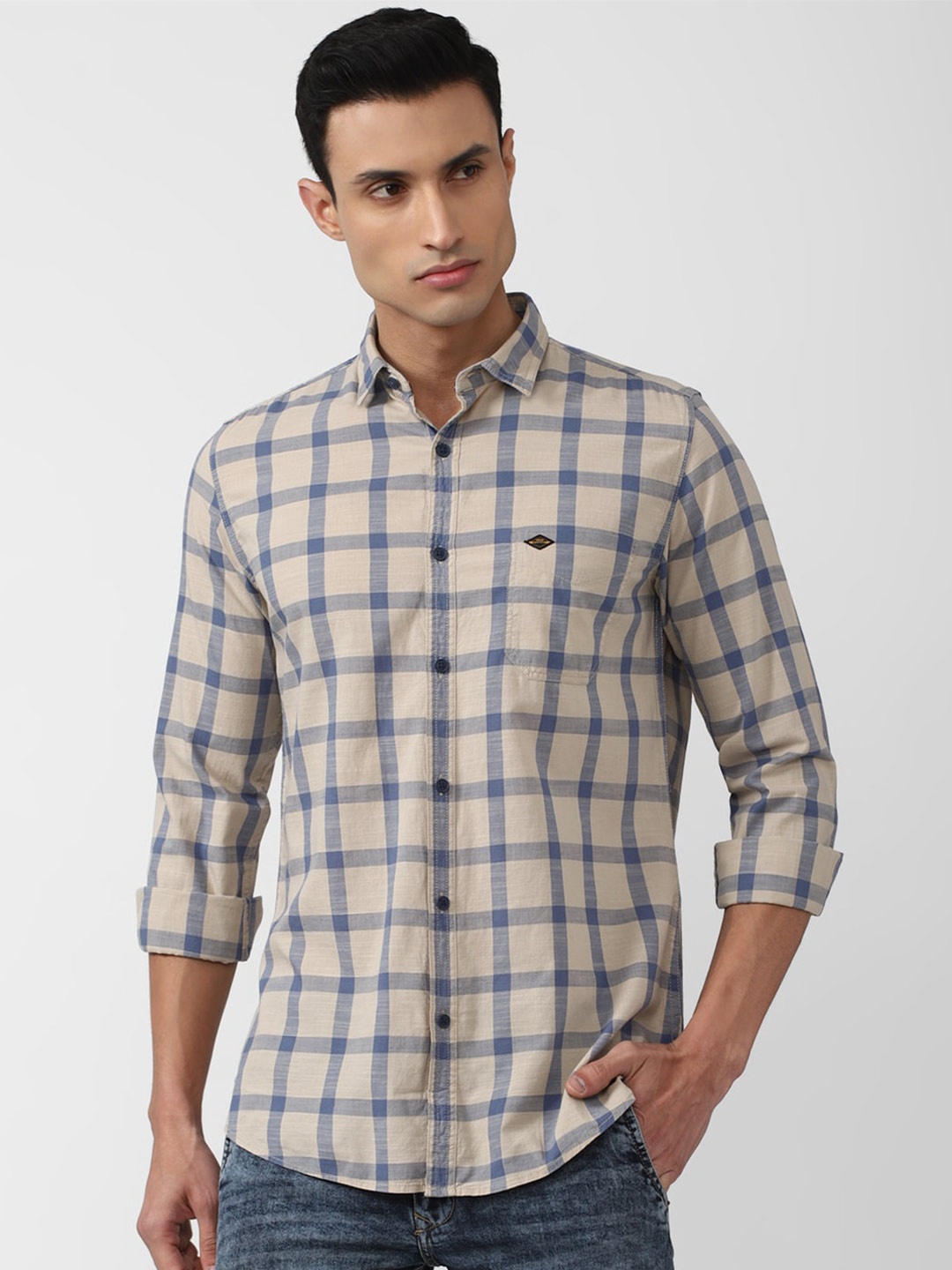

VAN HEUSEN DENIM LABS Men Slim Fit Checked Casual Cotton Shirt, Beige
