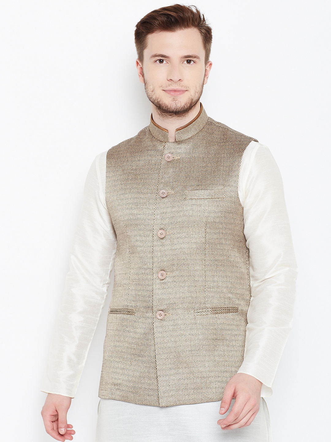 

Manyavar Beige Patterned Pure Cotton Nehru Jacket