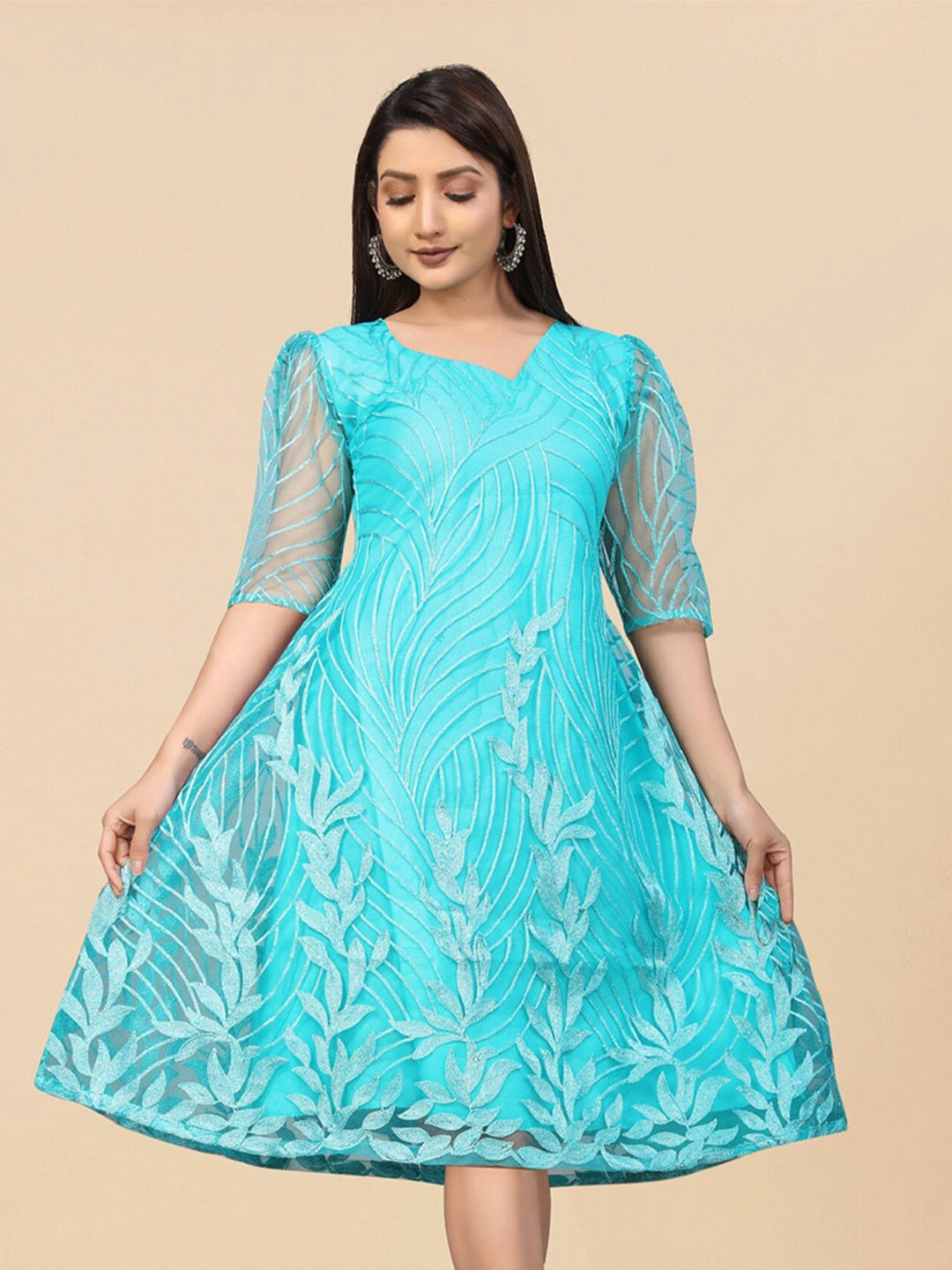 

APNISHA Blue & Silver-Toned Embellished Net A-Line Midi Dress