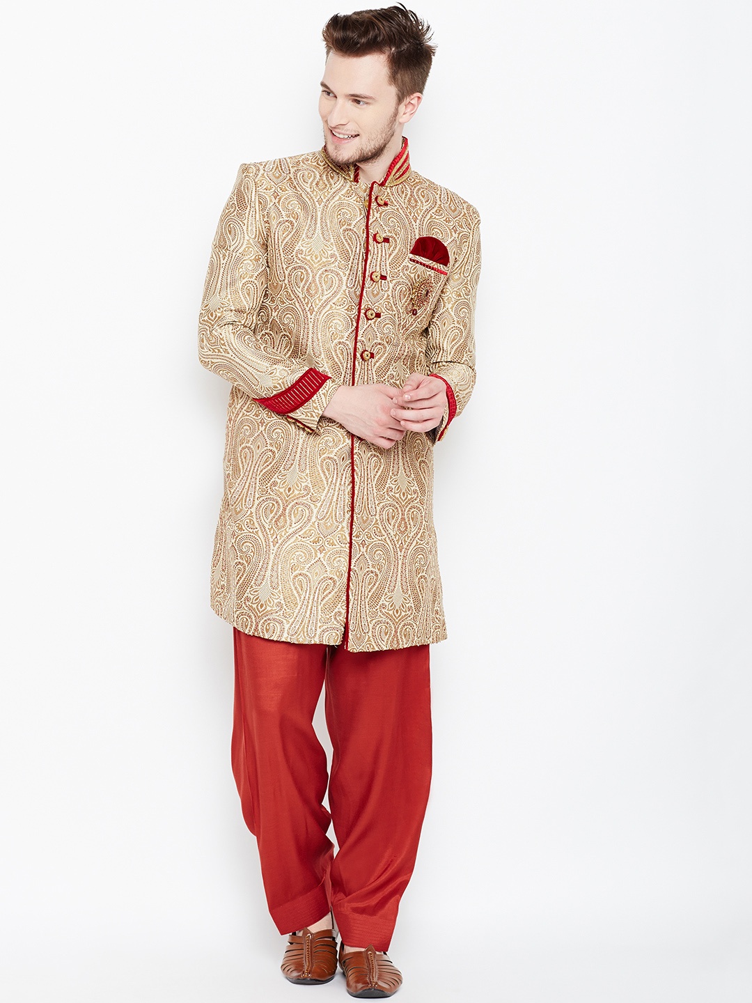 

Manyavar Cream-Coloured & Red Patterned Sherwani