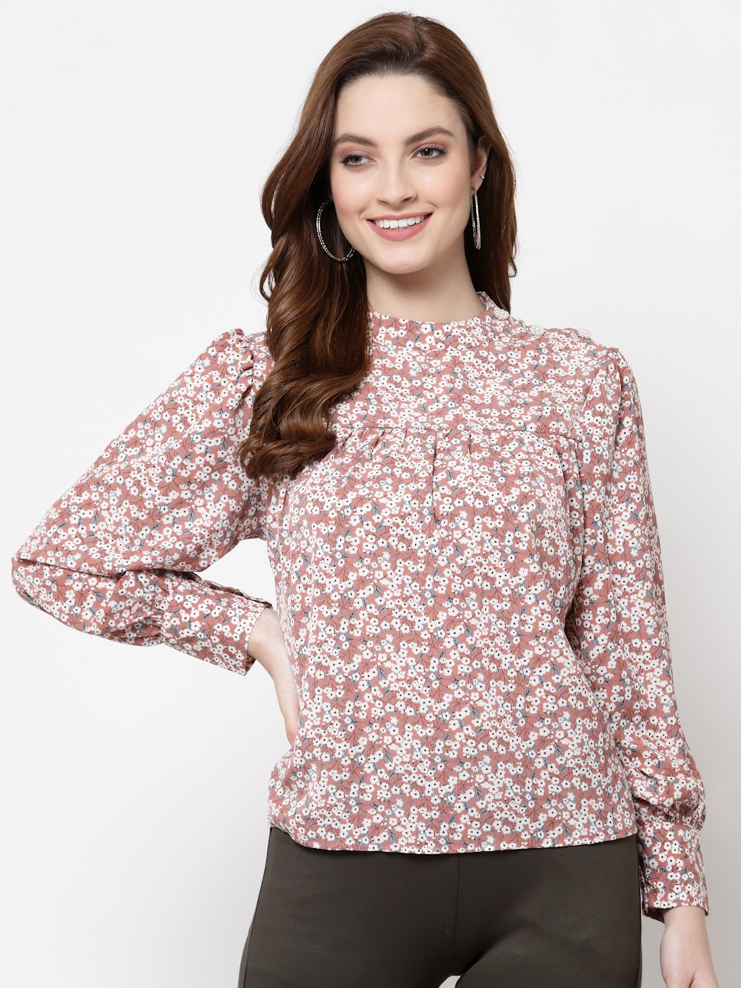 

Mafadeny Floral Print Mandarin Collar Top, Peach