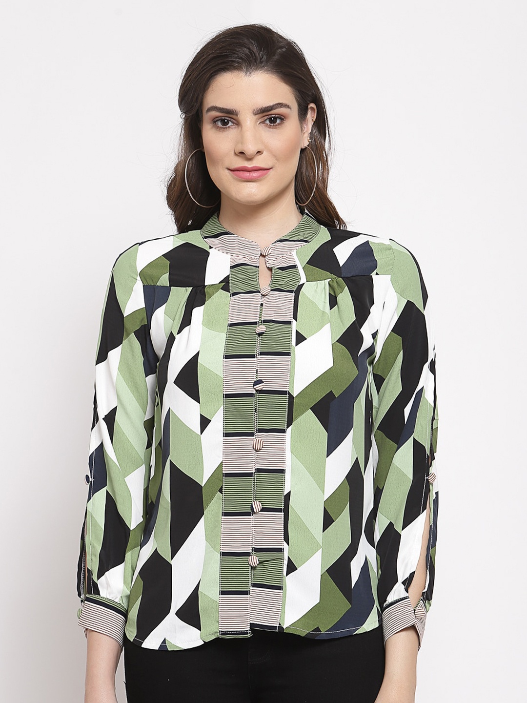 

Mafadeny Geometric Print Mandarin Collar Top, Green