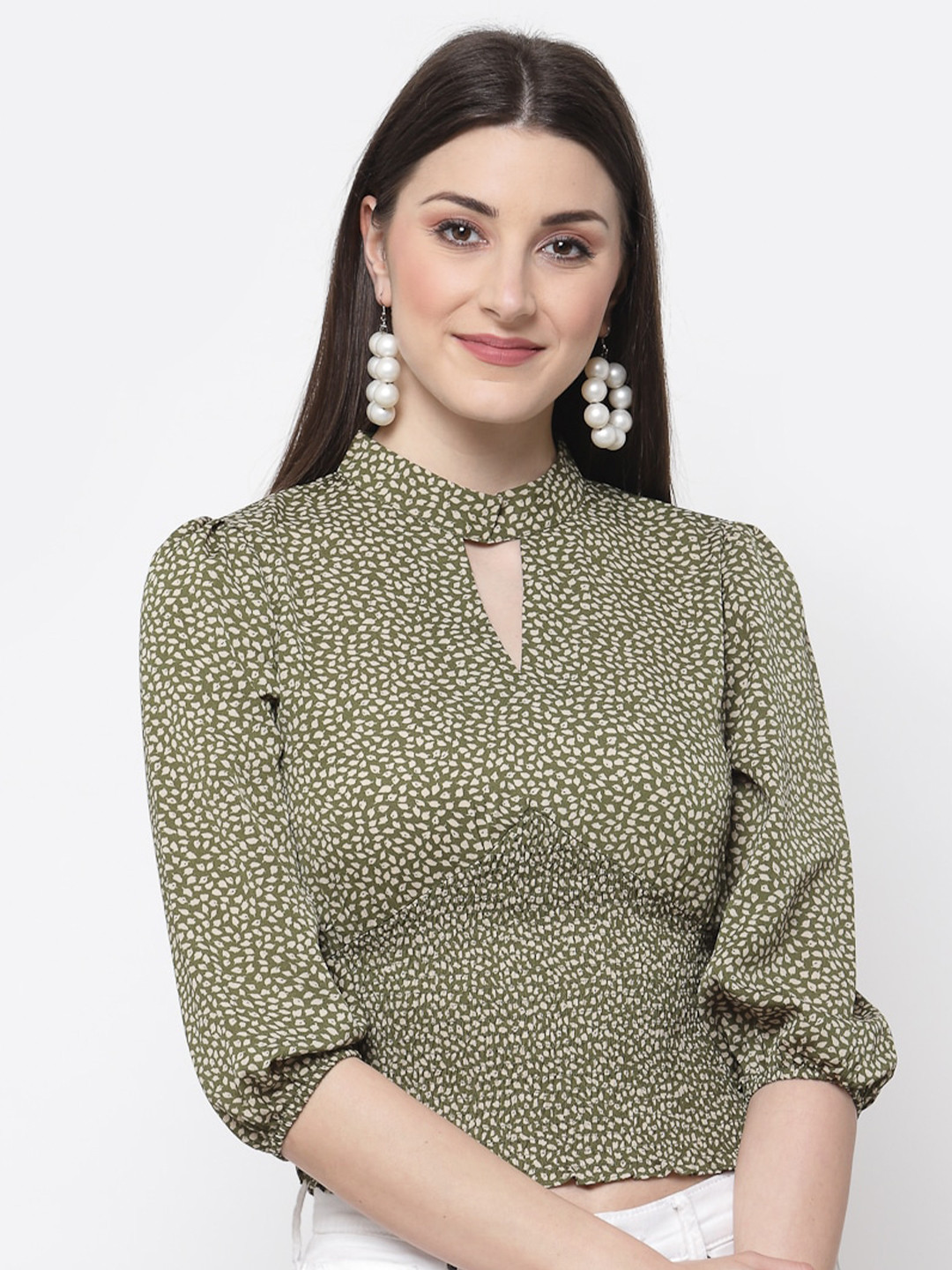 

Mafadeny Print Keyhole Neck Top, Green