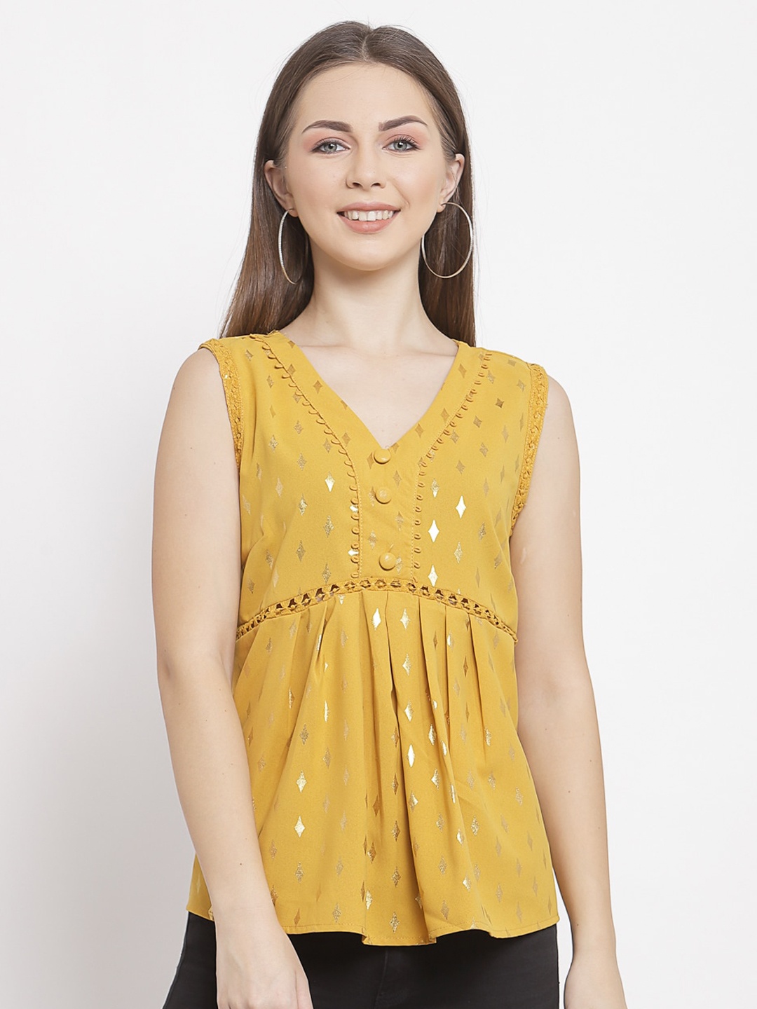 

Mafadeny Plus Size Mustard Geometric Print Empire Top