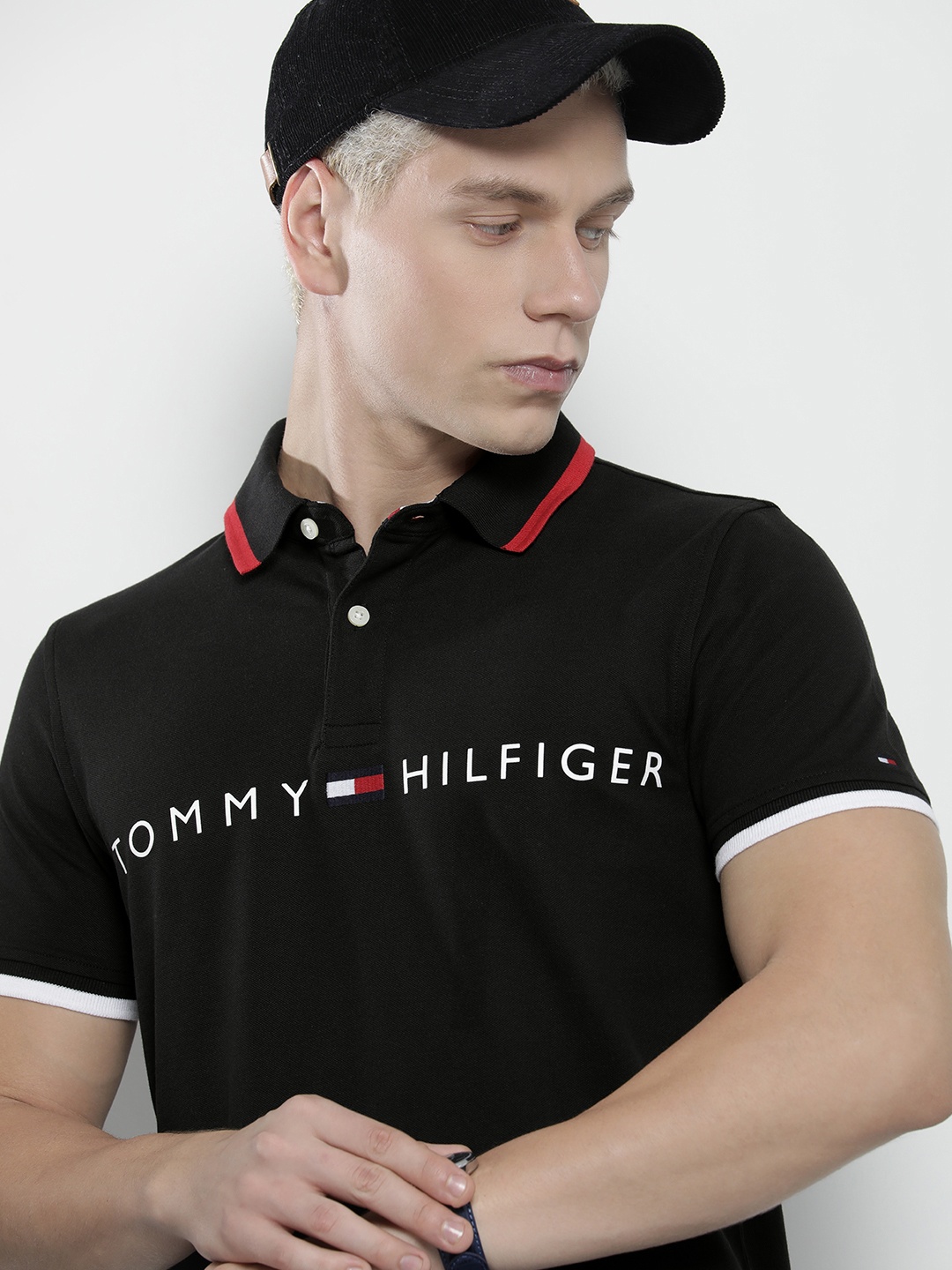 

Tommy Hilfiger Men Brand Logo Printed Polo Collar Slim Fit T-shirt, Black