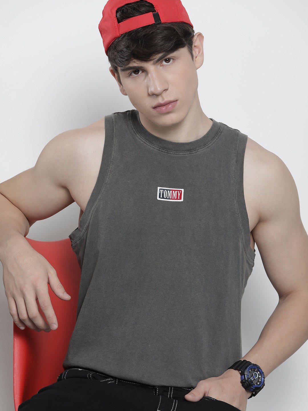 

Tommy Hilfiger Men Solid Pure Cotton Applique Tank, Grey