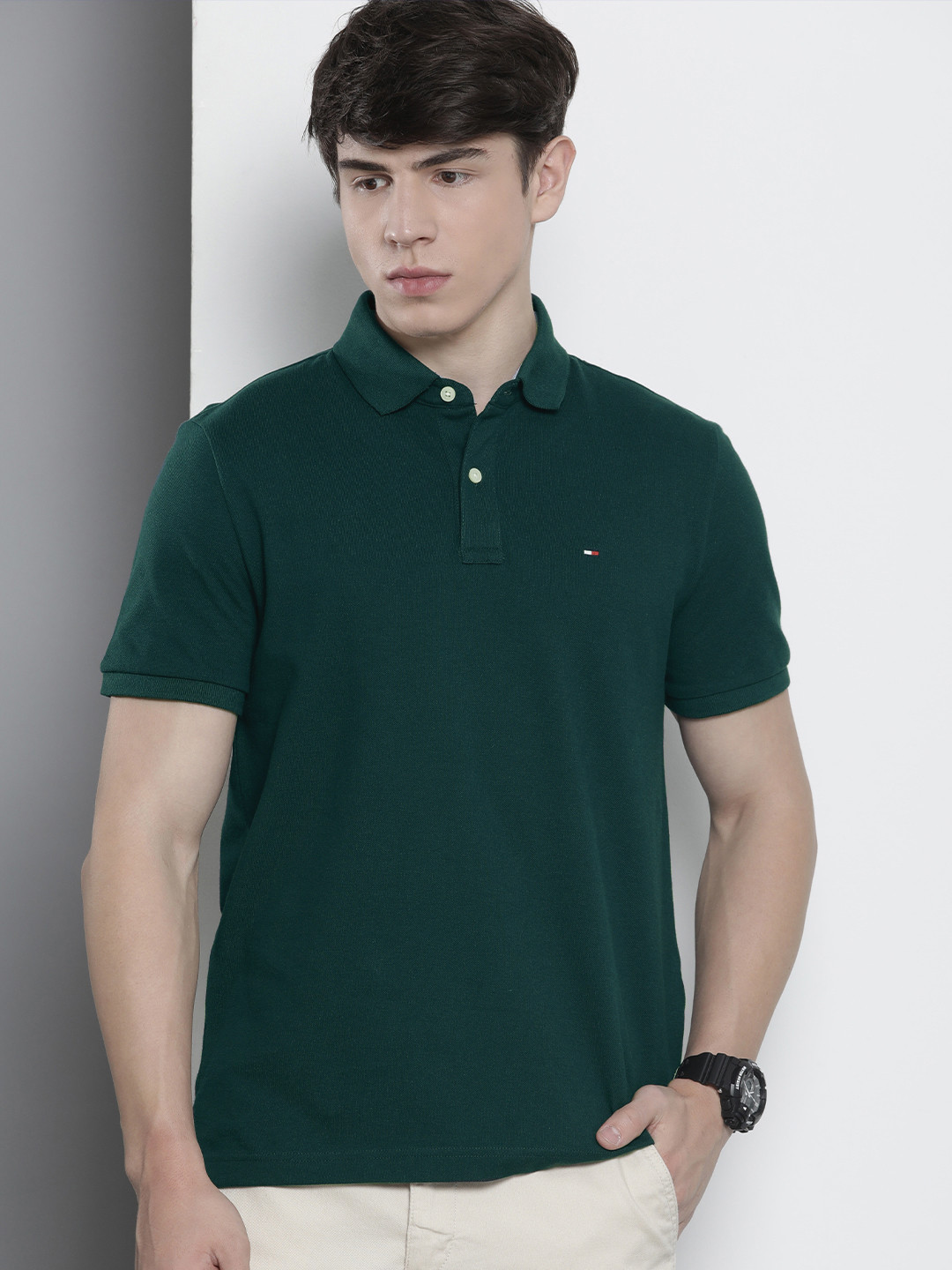 

Tommy Hilfiger Solid Polo Collar Pure Cotton T-shirt, Teal