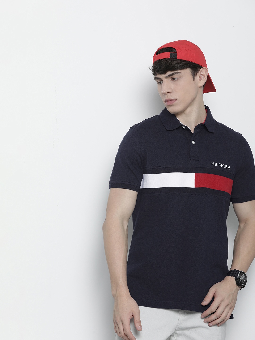 

Tommy Hilfiger Colourblocked Polo Collar Pure Cotton T-shirt, Navy blue