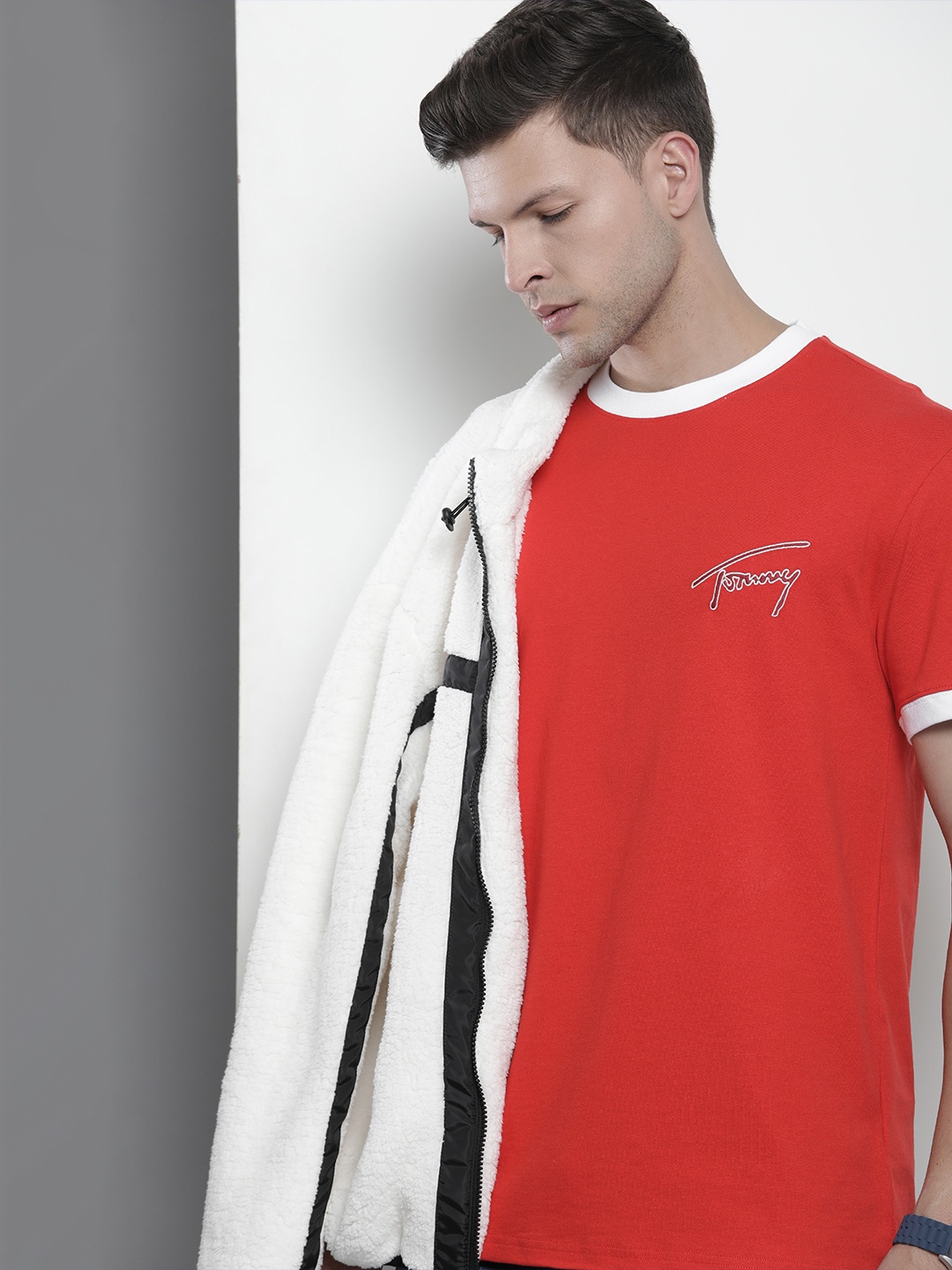 

Tommy Hilfiger Men Pure Cotton Round Neck T-shirt With Embroidered Detail, Red