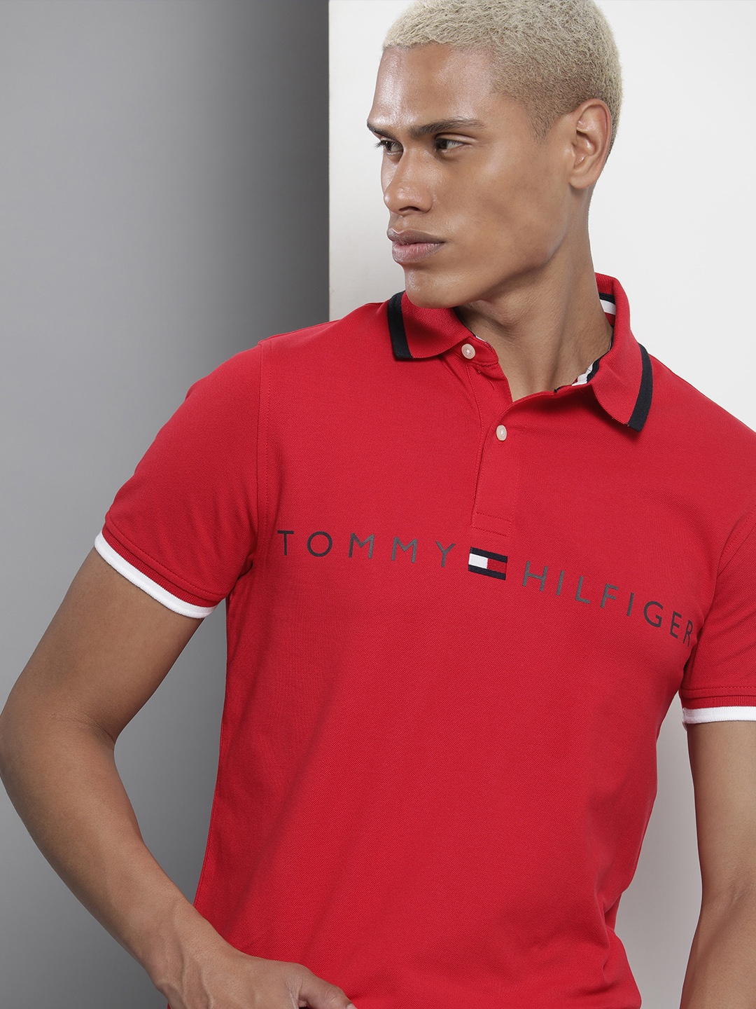 

Tommy Hilfiger Men Brand Logo Print Polo Collar Slim Fit T-shirt, Red