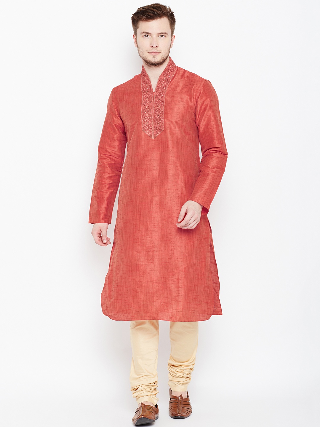 

Manyavar Men Red & Beige Solid Kurta with Pyjamas