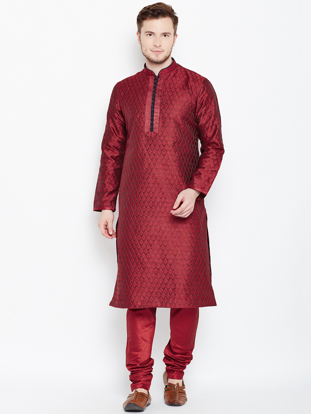 

Manyavar Men Maroon Woven Design Kurta with Churidar