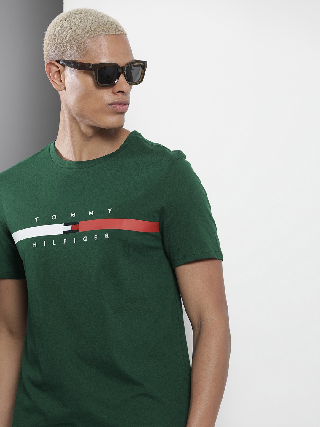 

Tommy Hilfiger Men Pure Cotton Printed Brand Logo Striped T-shirt, Green