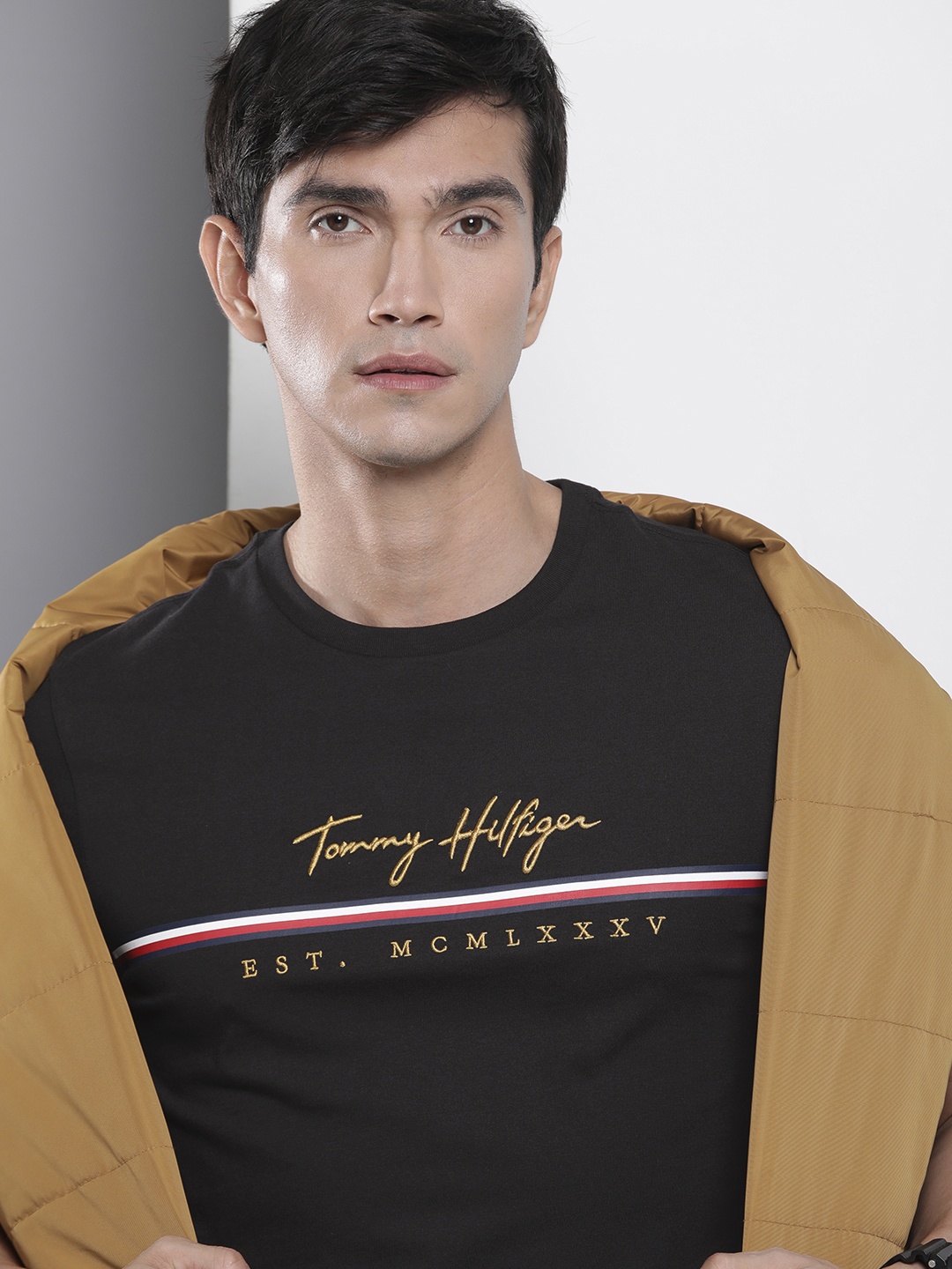 

Tommy Hilfiger Brand Logo Embroidered & Striped Detail Pure Cotton T-shirt, Black